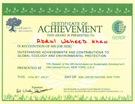Certificate of Achievement from Eco Earth